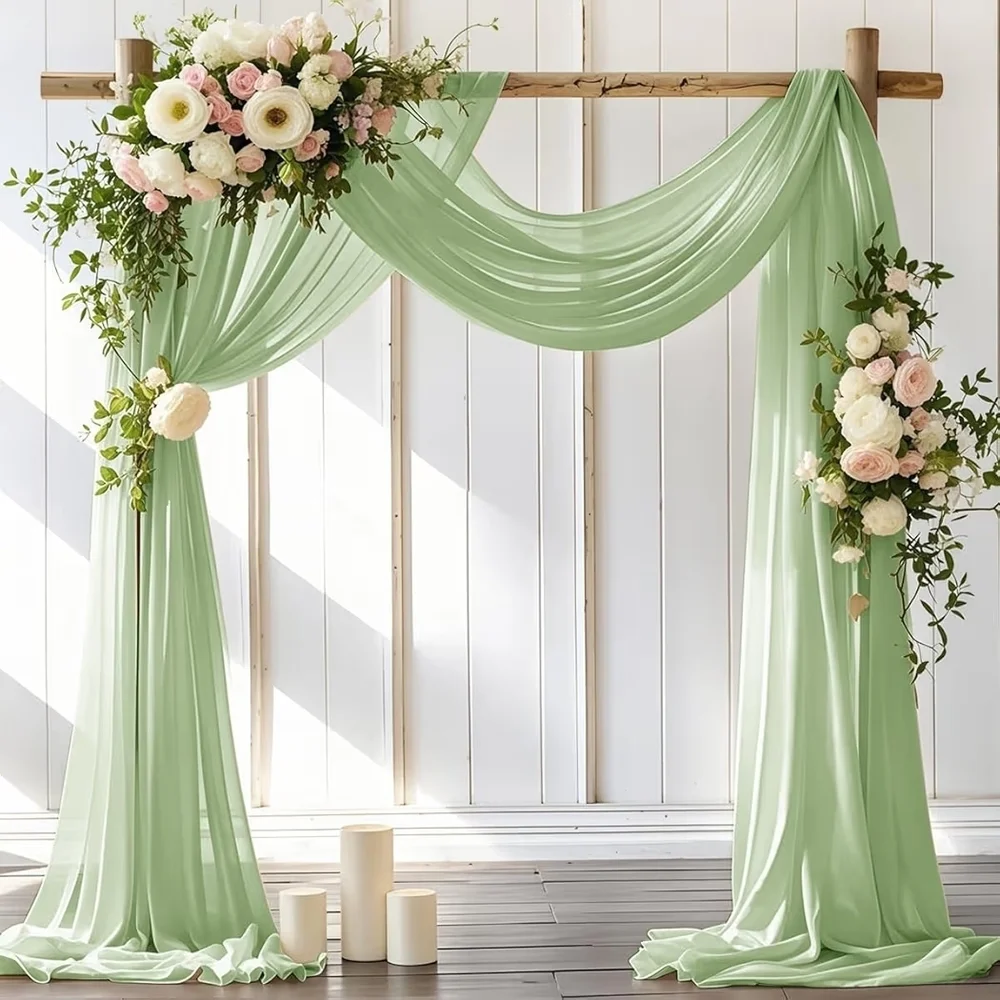 Elegant Sage Green Chiffon Archway Fabric- Boho Tasseled Linen Cotton Tablecloth